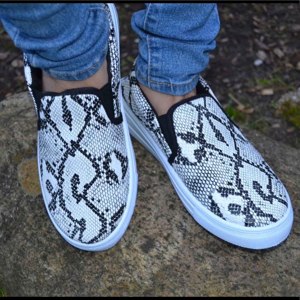 Black & White Snake Animal Print Slip On Sneakers - Picture 3 of 4